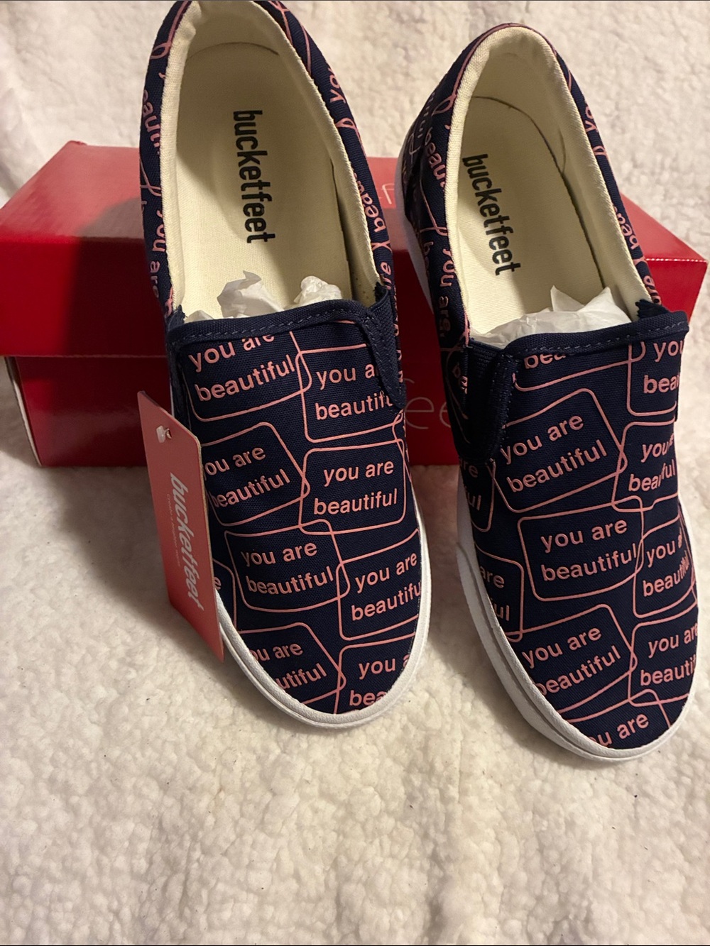 Bucket Feet Navy Slip-On Sneakers with Pink "You Are Beautiful" Print